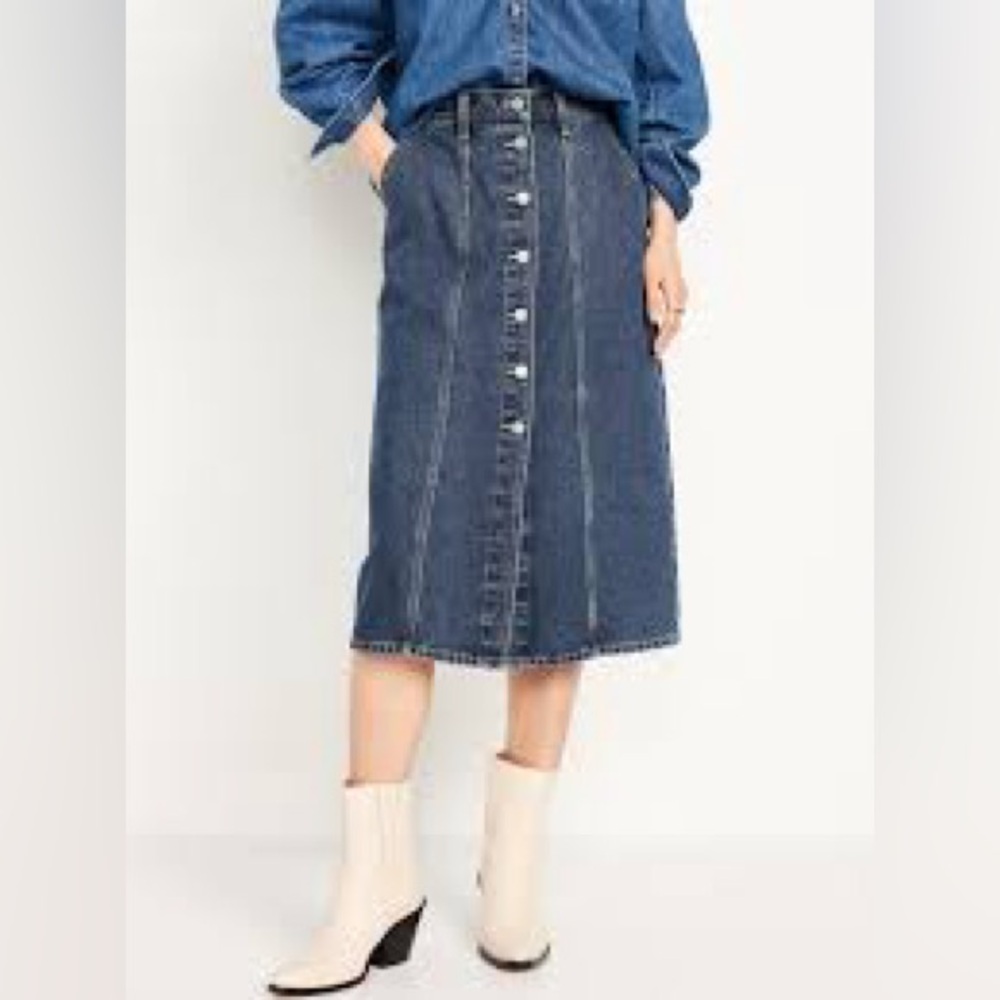 103Vintage Northern Reflections 100% Cotton Denim Midi Skirt Button Front Belted